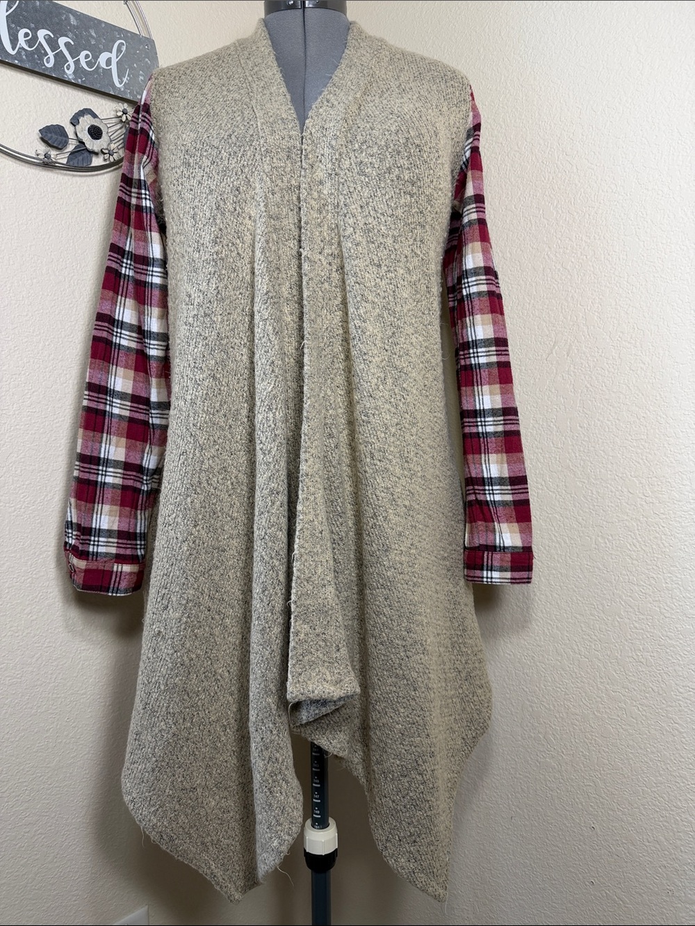 Altar'd State Mixed Media Cardigan Plaid Sleeves Bouclé Knit Draped Jacket M